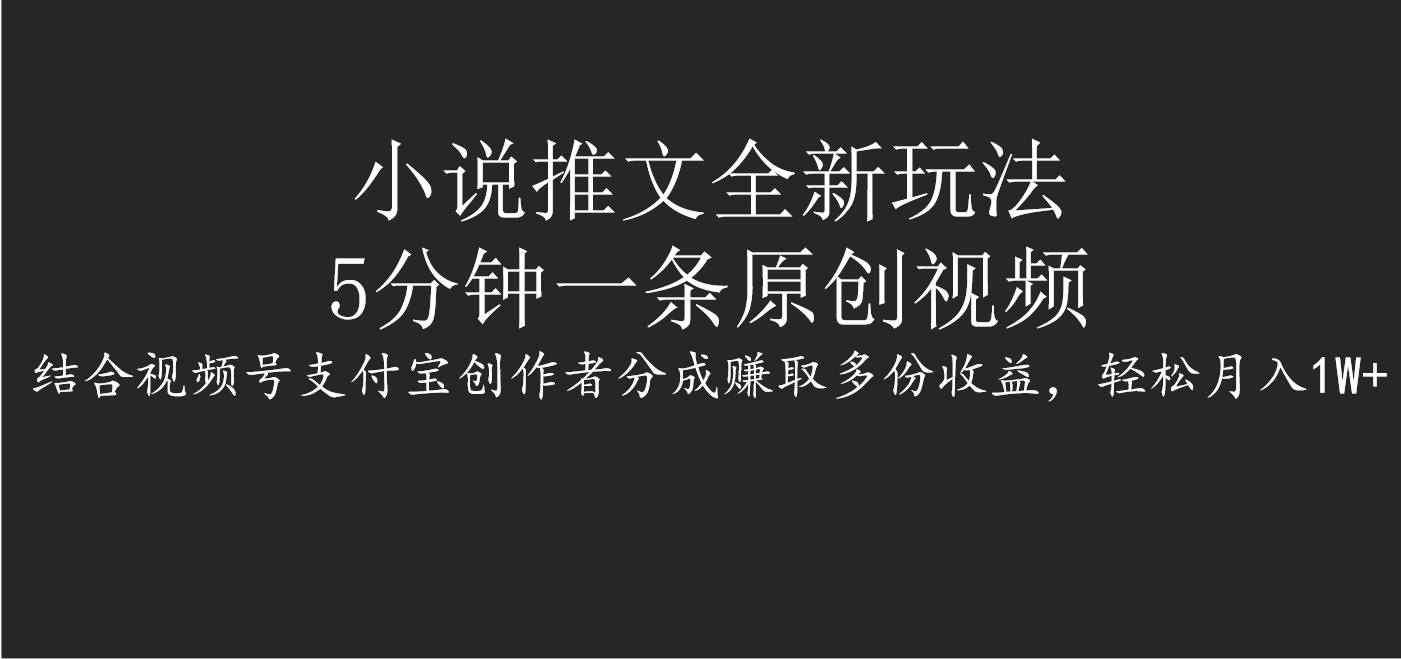 小说推文全新玩法，5分钟一条原创视频，结合视频号支付宝创作者分成赚取多份收益，轻松月入1W+